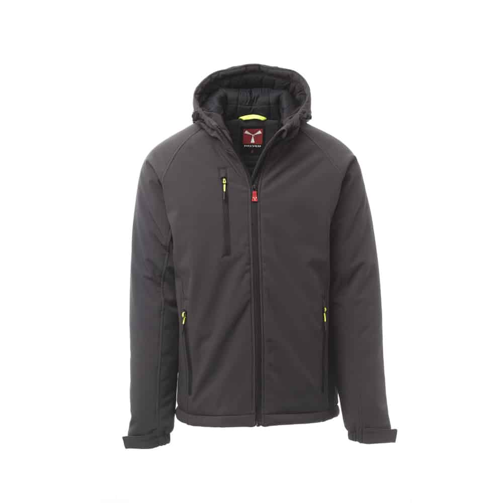 Softshell da lavoro imbottito con cappuccio Payper Gale Pad certificato antifreddo EN 14058 - Colorazione Grigio Antracite e Nero - DPI di categoria II Softshell da lavoro imbottito con cappuccio Payper Gale Pad certificato antifreddo EN 14058 - Colorazione Grigio Antracite e Nero - DPI di categoria II