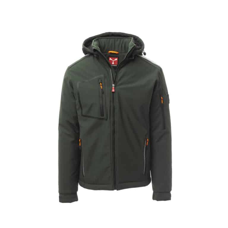 Softshell tecnico imbottito con cappuccio removibile Payper Stream Pad antifreddo EN 14058 - Colorazione Verde e Nero