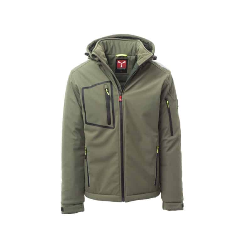Softshell tecnico imbottito con cappuccio removibile Payper Stream Pad antifreddo EN 14058 - Colorazione Verde Militare e Nero - DPI di Categoria II