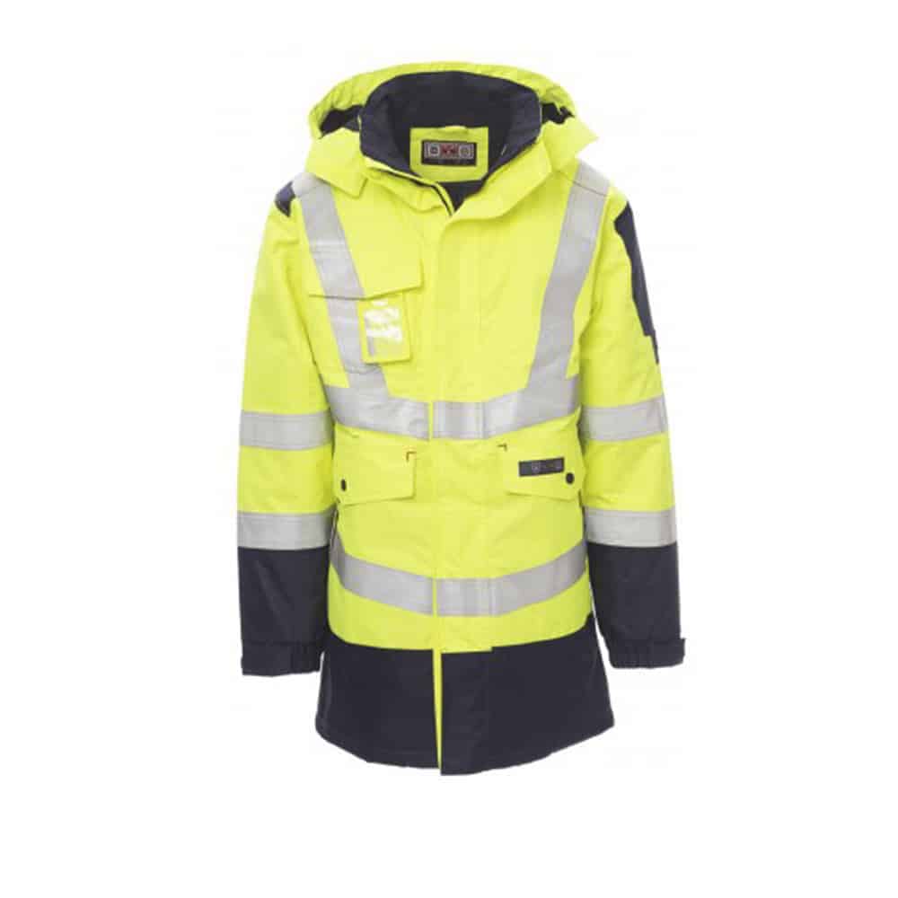 Parka multiprotezione multinorma alta visibilità Payper Shield Giallo/Blu - Dpi Categoria III, EN 1149-5, EN ISO 11611, EN ISO 11612, EN 13034 TYPE 6, IEC/EN 61482-2;2018 Parka multiprotezione multinorma alta visibilità Payper Shield Giallo/Blu - Dpi Categoria III, EN 1149-5, EN ISO 11611, EN ISO 11612, EN 13034 TYPE 6, IEC/EN 61482-2;2018