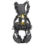 Full-body safety harness with padded back, multiple straps and yellow attachment loops for climbing or work at height
