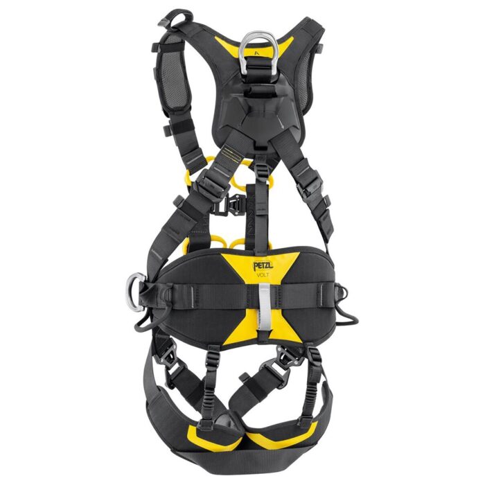 Petzl Volt climbing harness with black and yellow panels, padded waist and leg straps, buckles, and multiple gear loops