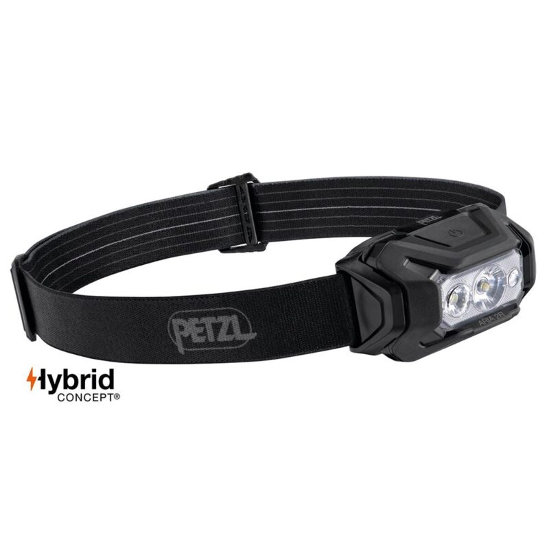 Front view of a black PETZL headlamp with an adjustable elastic strap and three LED lights for hands-free illumination.