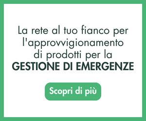Advertisement in Italian: 'La rete al tuo fianco per l'approvvigionamento di prodotti per la GESTIONE DI EMERGENZE' with a green rounded-button 'Scopri di pi&ugrave;'.