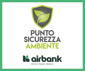 Logo for Punto Sicurezza Ambiente with a green shield and leaf icon, and the airbank logo below with the motto 'Protect. Prevent. Preserve.'