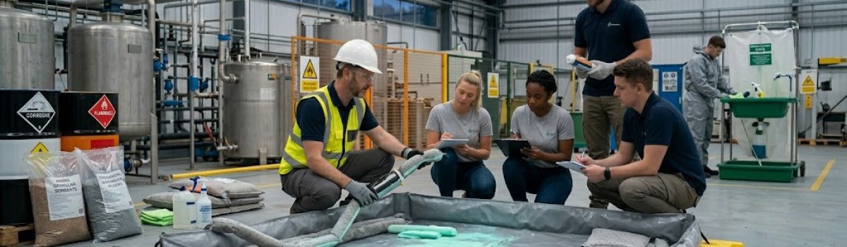 Safety training in an industrial facility: a worker with a hard hat and high-visibility vest demonstrates a spill containment mat to a group of trainees with clipboards.[informative]